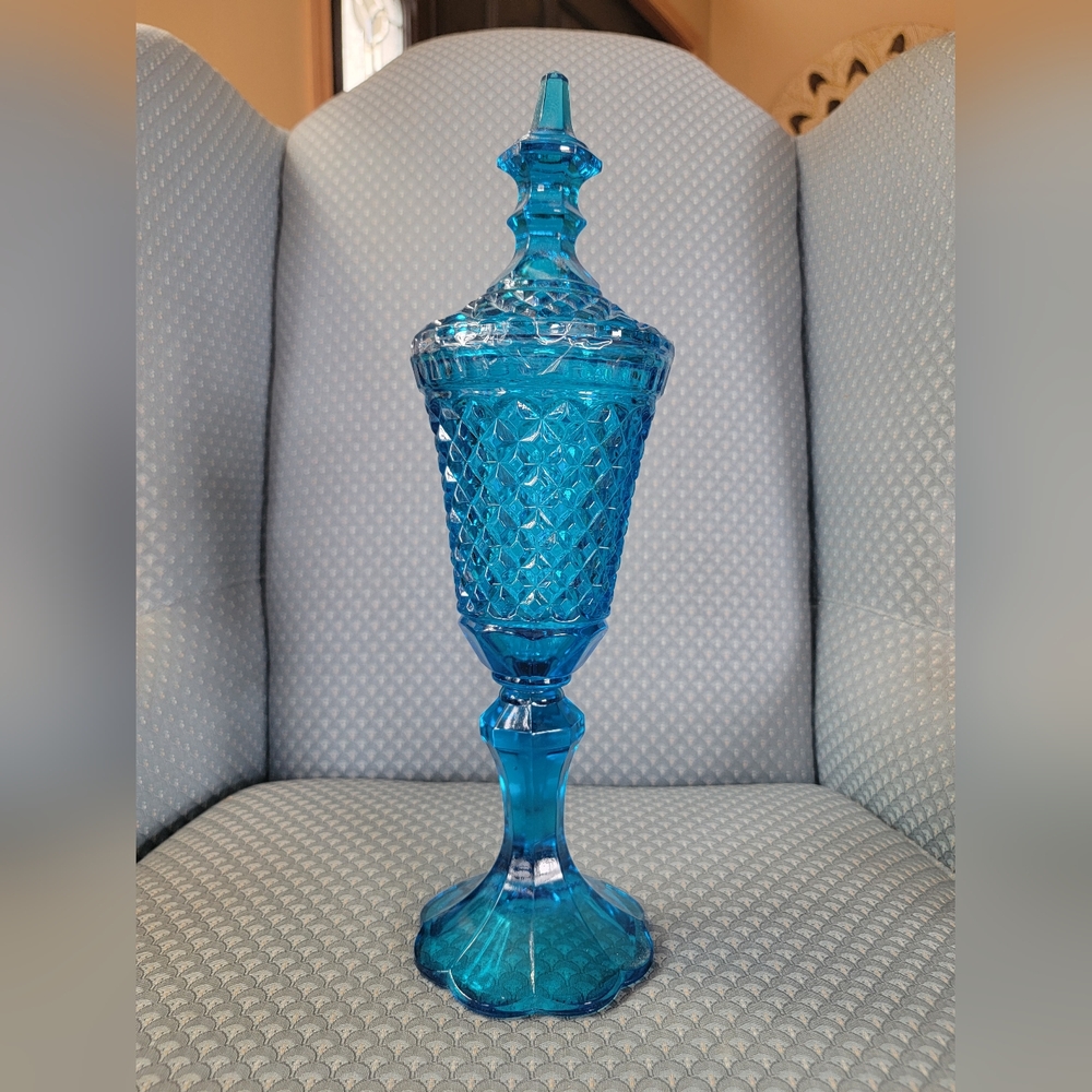Vintage Indiana Glass Blue Diamond Point Apothecary Jar
